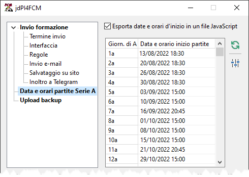 Plug-in screenshot 8: Date e orari partite Serie A