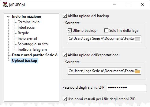 Plug-in screenshot 9: Upload backup e file di esportazione